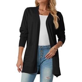 GRECERELLE Women's Open Front Lightweight Casual Knitted V-Neck Long Cardigan Sweater with Pockets Black, XL