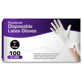 Bits N Things Latex Disposable Gloves, Comfortable, Powdered, 100 per Box (Extra Large)