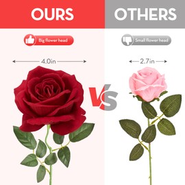 Serwalin 20pcs Artificial Red Roses, 4'' Big Velvet Flower Head Fake Roses, Realistic Silk Roses Real Touch Bouquet Long Stems for Valentine’s Day, Wedding Home Decor and Table Centerpiece