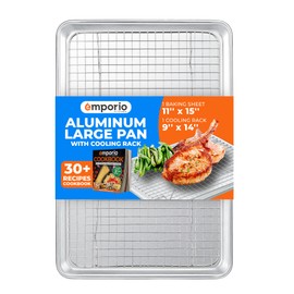 Baking Pan Set - 10.5" x 15" Aluminum Baking Pan with Stainless Steel Cooling Rack Set, PFOA, PFOS, PTFE Free, Recipe Booklet Included, Oven Safe, Resist Heat Up To 500° F, Set of 2