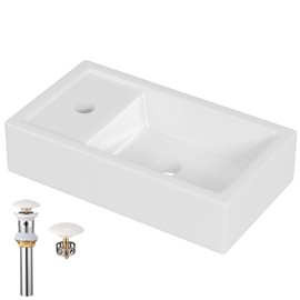 AmpleCharmic Wall Mount Bathroom Vessel Sink, Rectangle Modern Floating Ceramic Basin for Small Bathroom with Pop-up Darin, No Overflow, White