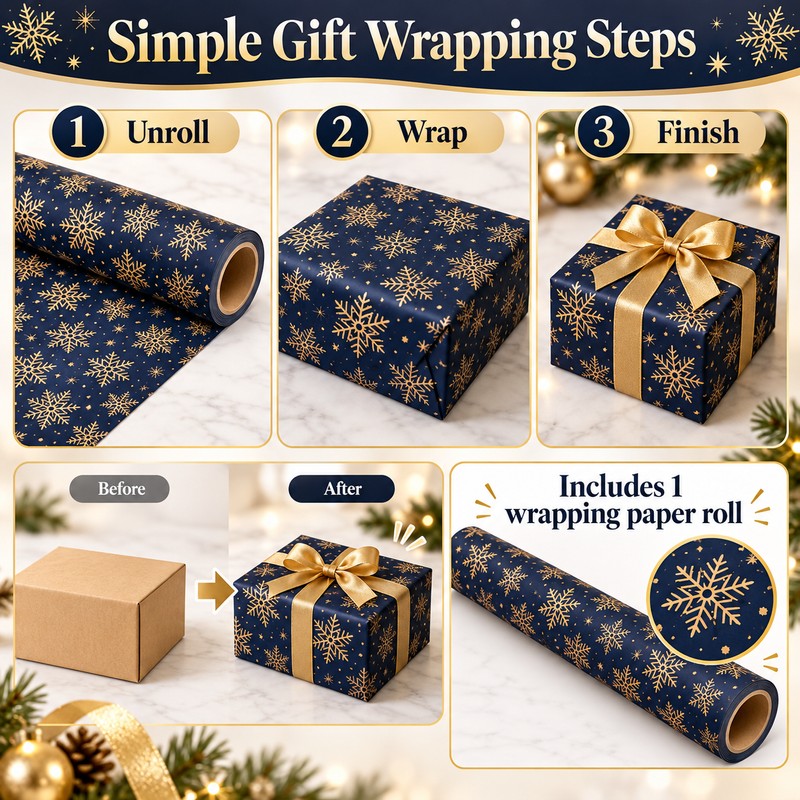 Snowflake Wrapping Paper Roll for Holiday Gifts – Double-Sided Navy
