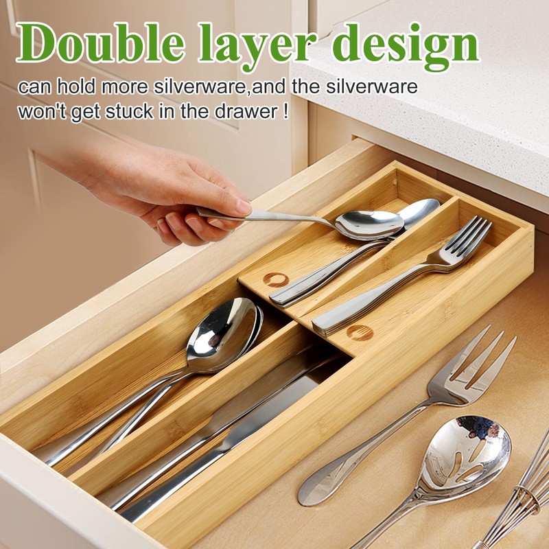 Bamboo Silverware Drawer Organizer Small Utensil Tray Wood Cutlery Organizer