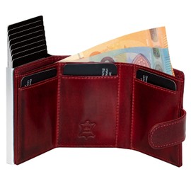 Fa.Volmer ® Pop-up card case made of genuine leather with/without coin compartment for men and women, max. 11 cards, RFID protection, wallet VO24/31, Zip Bordeaux Red, Contemporary