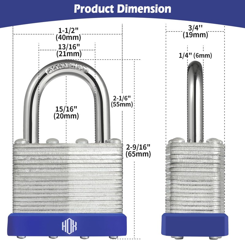 HOX Locks 6-Pack Keyed-Alike Padlocks w/ 1.2” Shackle, 1-9/16” Wide