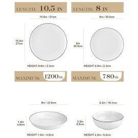 MALACASA 24-Piece Gourmet Porcelain Dinnerware Sets, Modern White with Black Rim Round Dish Set for 6 - Premium Serving Plates and Bowls Sets for Dessert, Salad, Soup, Pasta - Series AMELIA