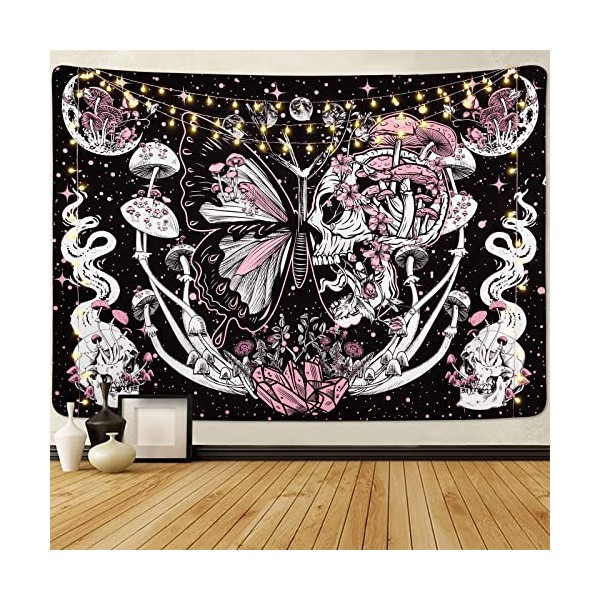 Yrendenge Skull Tapestry Hippie Mushroom Wall Hanging Aesthetic Moth Tapestries Moon and Stars Room decor for Bedroom Livingroom College 150*130cmï¼59Ã51inchesï¼