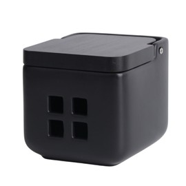 KOOK TIME Garlic Tin - Ceramic with Lid Made of Bamboo Wood - Garlic Storage with Ventilation Holes for Optimal Preservation - Garlic Pot 11.5 x 11.5 x 11.5 cm - All Black