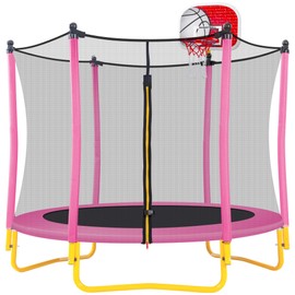 Merax 5.5 FT Indoor & Outdoor 65" Trampoline for Kids Small Toddler Trampoline Baby Trampoline Recreational Trampolines with Enclosure, Basketball Hoop and Ball, Gifts for Boys & Girls, Pink