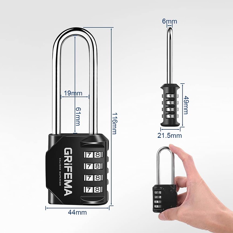GRIFEMA GA1002 4 Digit Combination Padlock, Long Shackle Padlocks Outdoor