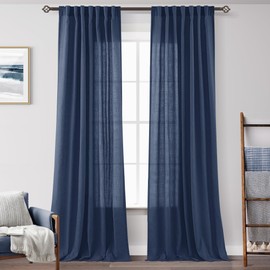 Navy Blue Curtains 96 inch Length for Bedroom Back Tab Light Filtering Semi Sheer Blue Living Room Curtains Linen Cotton Textured Indigo Blue Drapery Panel Modern Farmhouse Aesthetic Decor Dark Blue