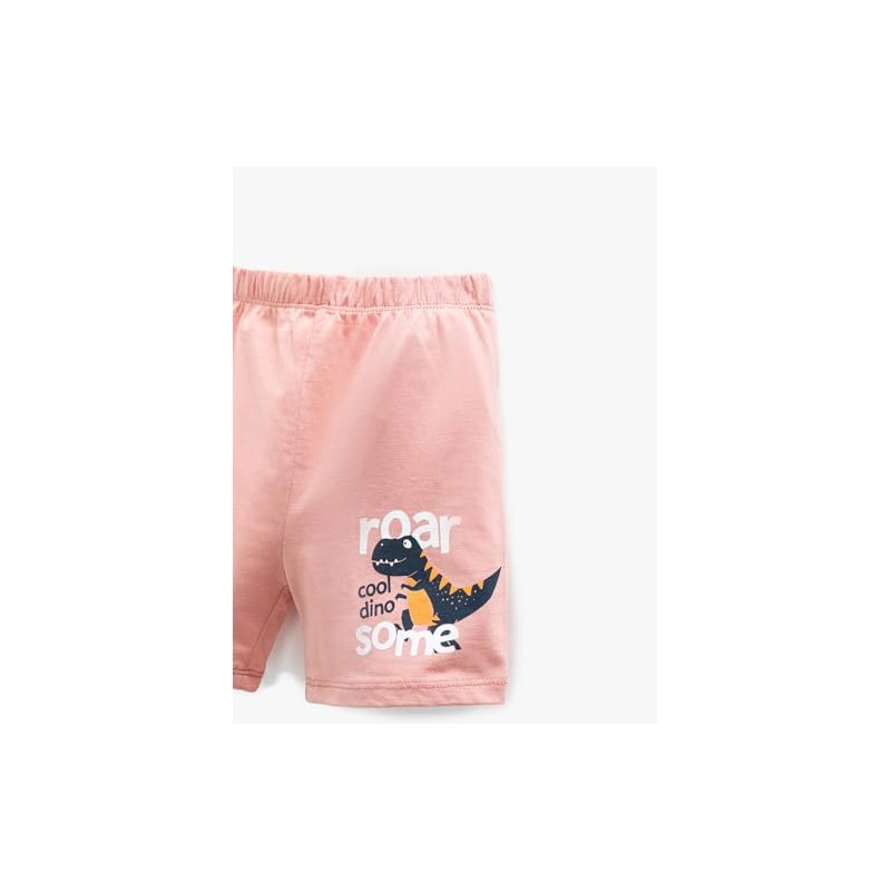 Koton Baby Boys Dinosaur Printed Elastic Waist Cotton Shorts, Salmon