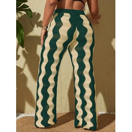 ZAFUL Women's Beach Cover Up Pants Hollow Out Plus Size Drawstring Elastic High Waist Swimsuit Cover Up Beach Long Pants Green L