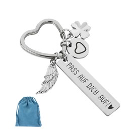ORUZA Keyring "Pass Auf Dich Auf Dich" Keyring Lucky Charm Metal Keyring with Engraving for Women Girlfriend Boyfriend Mum Dad Daughter Sisters Friends, silver