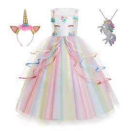Yipkorra Unicorn Dress for Girls Unicorn Costume Pageant Princess Party Birthday Long Gown with Headband & Necklace (Multicolor, 110 3-4 Years)