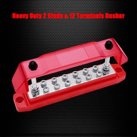 Ampper Power Distribution Block Bus Bar, 2 x 1/4" (M6) Studs, 12 x #8 (M4) Terminal Screws, 6.3" 12V 150A Battery BusBar with Cover for Auto, Boat and Solar (Red)