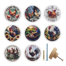 JamJam Set of 8 1.8" Wooden Farmhouse Cabinet Knobs Rustic Vintage Rooster Sunflower Chicken Kitchen Dresser Drawer Knobs Pull Handles