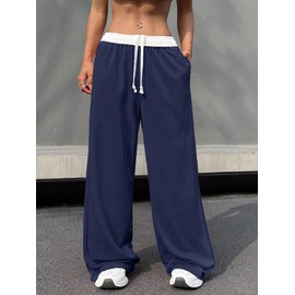 ZAFUL Wide Leg Sweatpants Women Trendy Interior Drawstring Baggy Sweatpants Loose Casual Jogger Pant with Pockets 2025 0-Navy Blue M