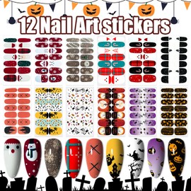 12 Sheets Halloween & Christmas Full Nail Wraps Stickers, Nail Polish Strips DIY Self-Adhesive Nail Art Decals Santa, Tree & Castle, Pumpkin Pattern with Nail Files for Holiday Party Decor