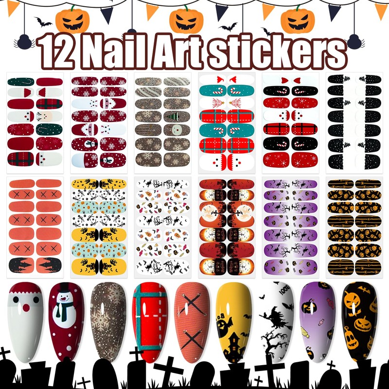 12 Sheets Halloween & Christmas Full Nail Wraps Stickers, Nail