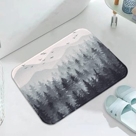 Accnicc Black Misty Forest Small Bathroom Rugs Mat Nature Tree Mountain Bath Rug Water Absorbent Non Slip Shower Mat Memory Foam Bath Mats for Bathroom Decor (Black, 24'' × 16'')