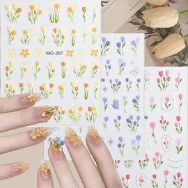 5D Embossed Tulip Nail Stickers,Butterfly Pearl Spring Nail Art Stickers Blossom Floral Nail Sticker Cute Flower Nail Decals Nail Supplies for Women Spring Summer Nail Manicure 3 Sheets