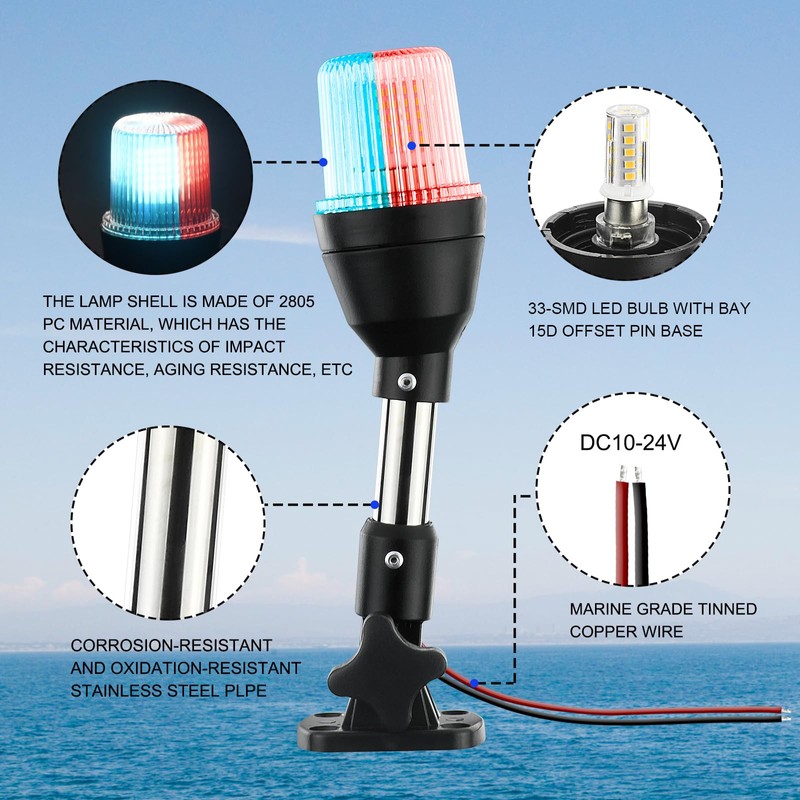 CLGMarine LED Tri-Color Navigation Light,Bimini Top Red-Green-White Combination Boat Bow