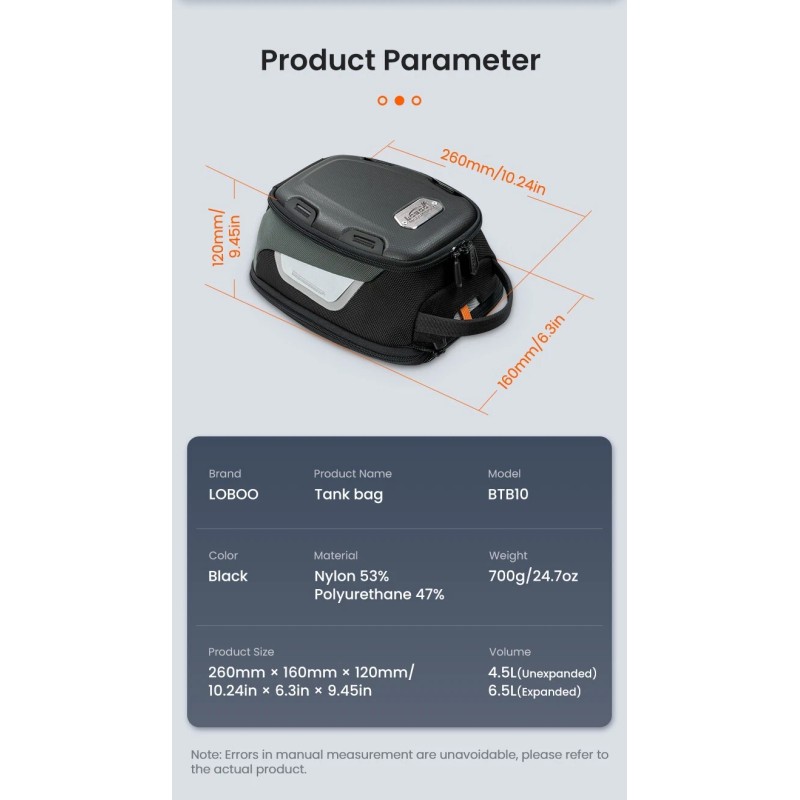 LOBOO Motorcycle Tank Bag BTB10 – Compact Expandable Design with