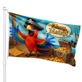 Pirate Parrot Flag Banner – 5x3 Feet Kids Pirate Party Flag with 2 Grommets – Colorful Cartoon Parrot Wall Decor for Birthday, Playroom, or Outdoor Treasure Hunt