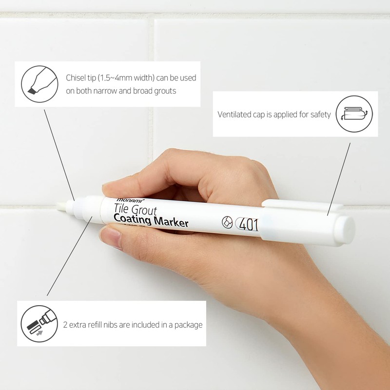 MONAMI Tile Grout Coating Marker 401, Chisel Tip (1.5~4mm), Repair