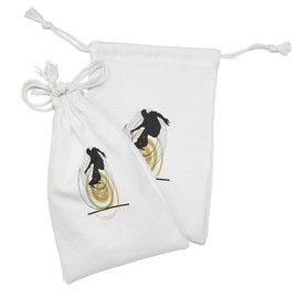 Ambesonne Youth Fabric Pouch Set of 2, Black Silhouette of a Skater Man on Hand Drawn Style Spiral Hobby Activity, Small Drawstring Bag for Toiletries Masks and Favors, 9" x 6", Orange Green Black