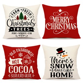 4TH Emotion Christmas Pillow Covers 18x18 Set of 4 Farmhouse Xmas Decorations Snowman Farm Trees Winter Holiday Decor Throw Cushion Case for Home Couch S24C10