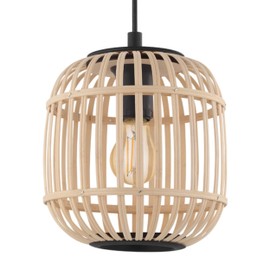 Eglo Pendant lamp Bordesley, 1 Flame Hanging lamp Vintage, Nature, Boho, Hygge, Steel in Black and Wood in Natural Colours, Dining Table lamp, Living Room lamp with E27 Socket, Ø 21 cm