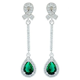 [RIZILIA TEARDROP] Dangle Drop Pierced Earrings with Pear Cut CZ [Simulated Green Emerald] in White Gold Plated, Simple Modern Elegant