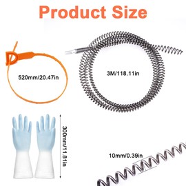 Spiral Drain Pipe Cleaning with Drill Attachment and Gloves, 3 m x 10 mm Universal Spiral Drain Spiral, Reusable Pipe Cleaning Spiral, for Kitchen and Shower, Stubborn Blockages