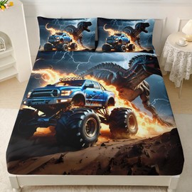 AILONEN Boys 3D Dinosaur Fitted Sheet Queen Set Size,Monster Truck Black Sky Lightning Roaring Dinosaur Bed Sheet Set for Kids Teen,3 Pieces Dinosaur Printed Fitted Sheet with 2 Pillowcases