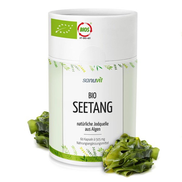 Sanuvit® - Organic seaweed 500 mg, organic algae, organic kelp, high dose with 335 μg iodine per capsule, high bioavailability, quality from Austria, vegan, 60 capsules