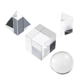 QFkris 4 Pack K9 Optical Crystal Photography Prism Set, Include 50mm Crystal Ball, 50mm Crystal Cube, 50mm Triangular Prism, 50mm Optical Pyramid with Wiper Cloth and Box, Photography Accessory for Teaching