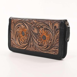 Merbaa Western Floral Tooled Leather Wallet for Women – Handcrafted Zip-Around Cowgirl Purse with Sunflower Design | Vintage Style Leather Organizer for Everyday Use