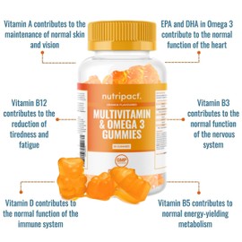 Multivitamin & Omega 3 Gummies for Kids & Adults - Vitamin C, A, B, D & Vitamin E - with DHA & EPA - 30 Chewable Multivitamins & Omega 3 Supplement - Orange Flavoured - nutripact