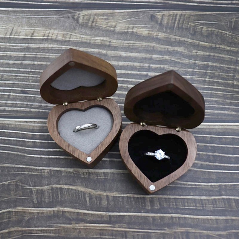 Heart Shaped Wooden Ring Box Black Soft Lining Smooth Surface