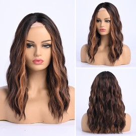 YaissmyLu Brown with Highlight Medium Length Wigs for Women Dark Brown Mixed Gold Wig Middle Part Synthetic Hair Wigs Wavy Natural Hair for Daily Party Use Colourful Wig