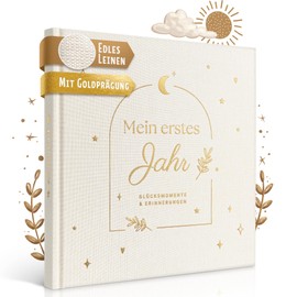 EULENTALER® Baby Diary My First Year I Real Linen Cover with Gold Embossing I Designed by Educators I Hand-Painted Cute Illustrations in Scandi Style I 21 x 21 cm I Baby Album in Scandi Style