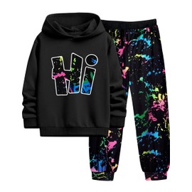 Doumlop Boys Outfits Size 12 Boys Clothes Size 10-12 Tie Dye Letter Printing Pullover Hoodie and Sweatpants 2 Piece Outfits Winter Tracksuit Black