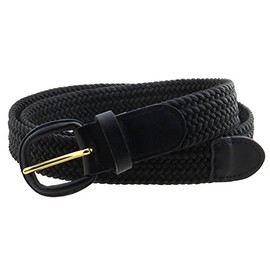 Braided Elastic Woven Stretch Belt Solid Color Leather Tipped Buckle and Tip (Black-S)