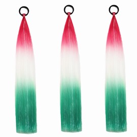 Newshair Colorful Ponytail Extension with Hair Tie, 24 inch Ombre Braid Ponytail Blend Hair Tinsel for Holiday Party Rainbow Festival (50g 3 Packs #Red/White/Green)