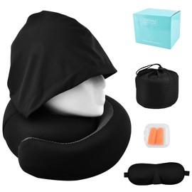 QWLWBU Travel Pillow with Hoodie,Hooded Neck Pillow for Travel,Travel Neck Pillows Stowable Hood,Pure Memory Foam Head Chin Support Airplane Pillows for Flight,Car,Office(Black,Size:15.2cm/6inch)