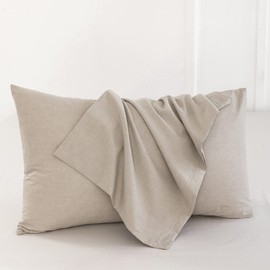 MooMee Bedding Pillowcases 100% Washed Cotton Linen Like Textured Breathable Durable Soft Comfy (Tannish Linen Grey, Standard)