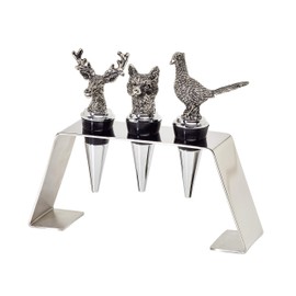 EDZARD Set of 3 Stainless Steel Bottle Stoppers with Stand, Deer, Fox, Pheasant, Height 9 cm
