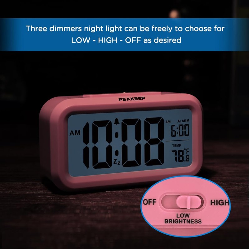 Peakeep Night Light Alarm Clock Battery Operated with Indoor Temperature,